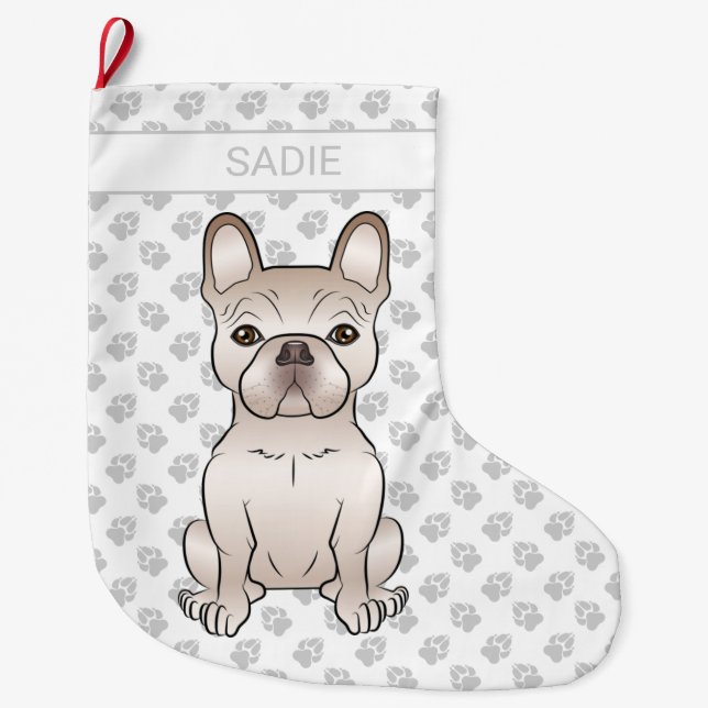 Calcetín Navideño Grande Bulldog francés crema / francés con patas y nombre (Anverso)
