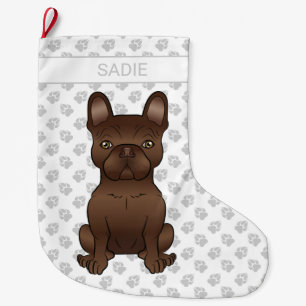 Calcetín Navideño Grande Bulldog Francés de Chocolate / Perro Frenchie y No