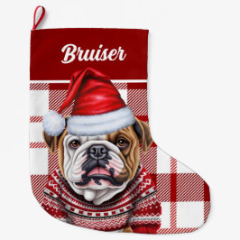 Calcetín Navideño Grande Bulldog Rojo y Blanco Enjuiciado Personalizado