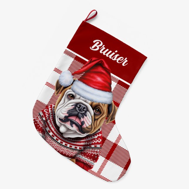 Calcetín Navideño Grande Bulldog Rojo y Blanco Enjuiciado Personalizado (Frente (Colgado))