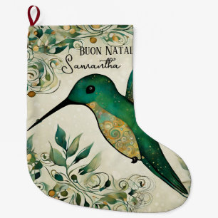 Calcetín Navideño Grande Buon Natale personalizado colibrí verde italiano
