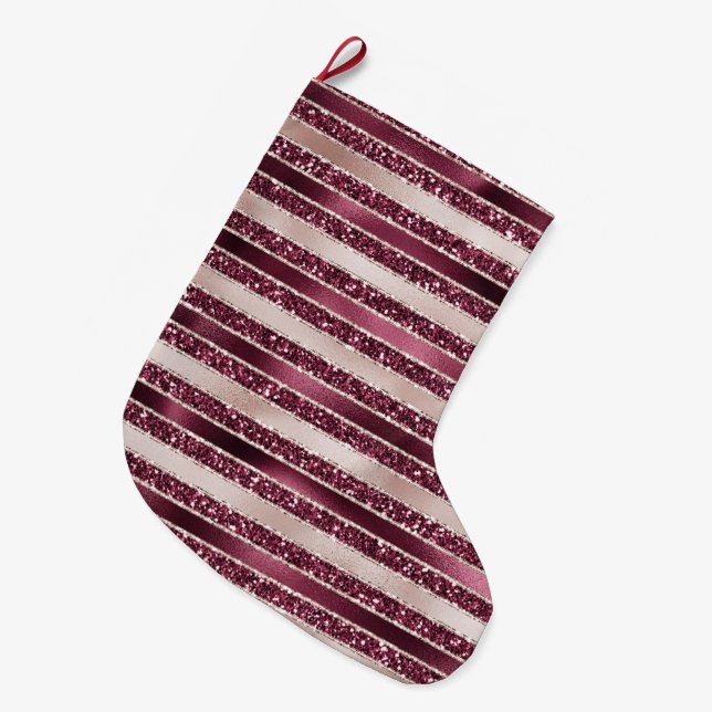 Calcetín Navideño Grande Burgundy Red Pink Rose Gold Glitter Stripes       (Frente (Colgado))