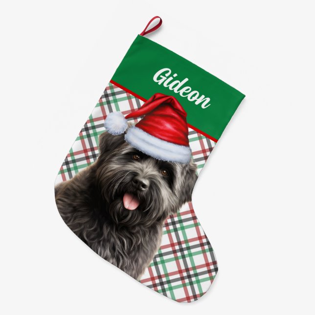 Calcetín Navideño Grande Buvier des Flandres Dog Plaid personalizado (Frente (Colgado))