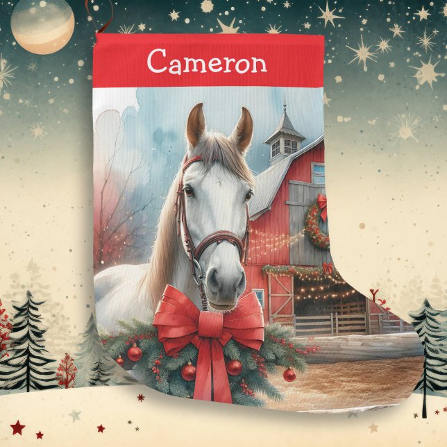 Calcetín Navideño Grande Caballo blanco bonito personalizado (Subido por el creador)