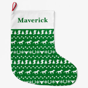 Calcetín Navideño Grande Caballo Patrón Verde Navidad País Rústico