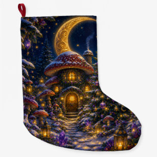 Calcetín Navideño Grande Cabaña de Hongos Encantada Navidad Niño Luna