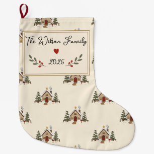 Calcetín Navideño Grande Cabaña de Navidad acogedora personalizada