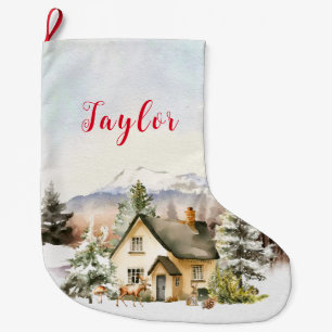 Calcetín Navideño Grande Cabaña de Navidad en Vacaciones de Invierno