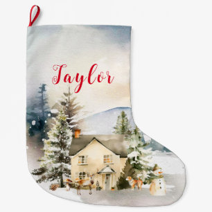 Calcetín Navideño Grande Cabaña de Navidad en Vacaciones de Invierno
