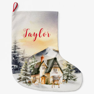 Calcetín Navideño Grande Cabaña de Navidad en Vacaciones de Invierno