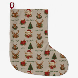 Calcetín Navideño Grande cabaña rústica, alegres navidades y cacao