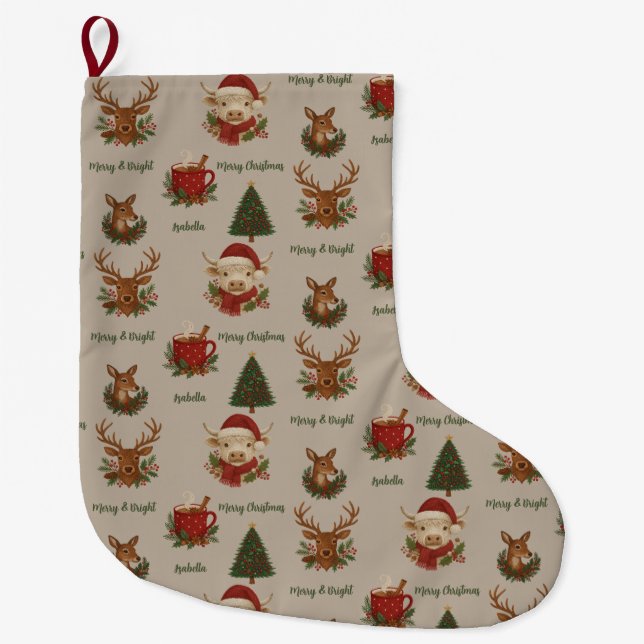 Calcetín Navideño Grande cabaña rústica, alegres navidades y cacao (Anverso)