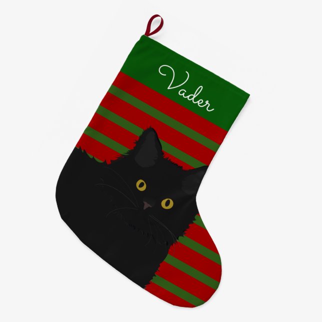 Calcetín Navideño Grande Cabello largo de gato negro personalizado (Frente (Colgado))