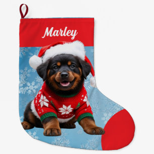 Calcetín Navideño Grande Cachorro de rotuiler suave en suéter personalizado