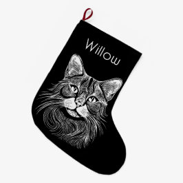 Calcetín Navideño Grande Cama de gato personalizada Chic dibujada a mano en