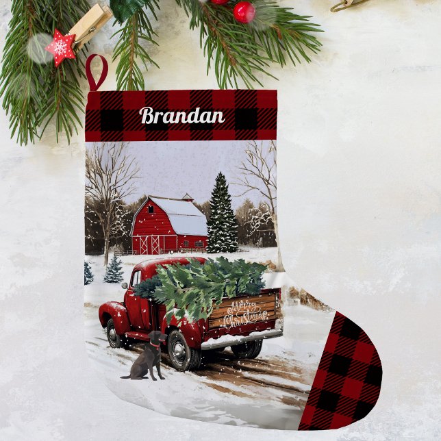 Calcetín Navideño Grande Camión Rojo navidades en alza - Personalizado (Christmas red truck stocking)