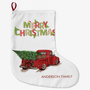 Calcetín Navideño Grande Camioneta Roja Acuarela Árbol De Pino Feliz Navida