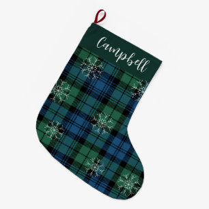 Calcetín Navideño Grande Campbell Tartán Green Copas de Nieve Rusas Placas 