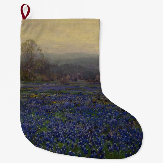 Calcetín Navideño Grande Campo de Flores de Red Azul (Paisaje Rural) (Anverso)