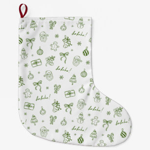 Calcetín Navideño Grande Caprichoso Dibujado a Mano Verde Doodle