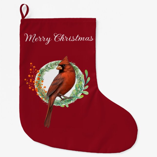 Calcetín Navideño Grande Cardinal On A Wreath Christmas Stocking (Anverso)