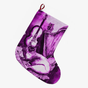 CALCETÍN NAVIDEÑO GRANDE CAT MUSICAL CON EL VIOLÍN Y LA ARPA, BLANCO
