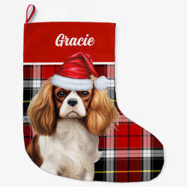 Calcetín Navideño Grande Cavalier Kind Charles Holiday Plaid personalizado
