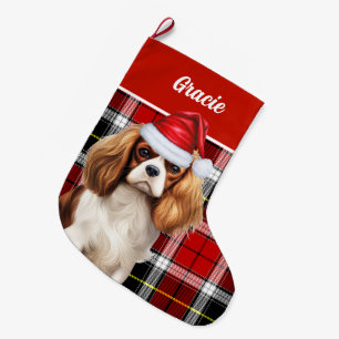 Calcetín Navideño Grande Cavalier Kind Charles Holiday Plaid personalizado
