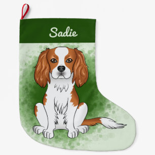 Calcetín Navideño Grande Cavalier King Charles Spaniel Blenheim Sobre Verde