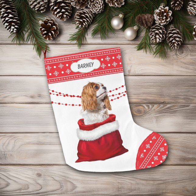 Calcetín Navideño Grande Cavalier King Charles Spaniel Dog Snowflake Border (Subido por el creador)