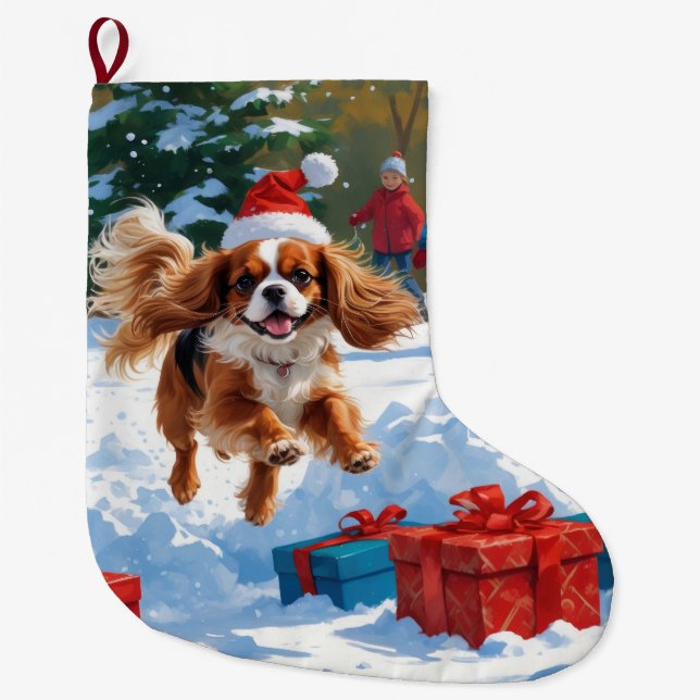 Calcetín Navideño Grande Cavalier King Charles Spaniel Nieve con Navidades (Anverso)