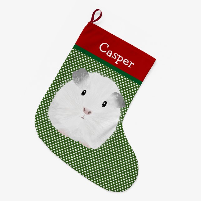 Calcetín Navideño Grande Cerdo de Guinea Blanca personalizado (Frente (Colgado))