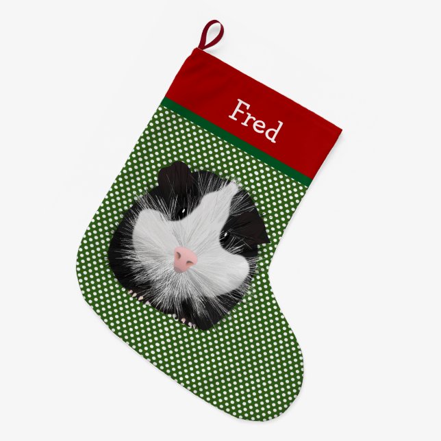 Calcetín Navideño Grande Cerdo De Guinea Blanco Y Negro Personalizado (Frente (Colgado))