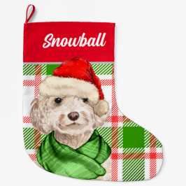 Calcetín Navideño Grande Champagne Cockapoo Christmas Plaid with Dog's Name