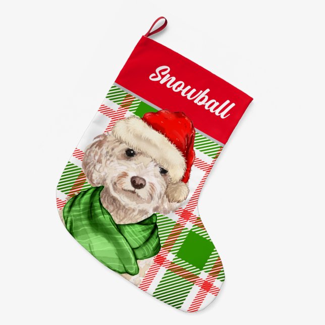 Calcetín Navideño Grande Champagne Cockapoo Christmas Plaid with Dog's Name (Frente (Colgado))