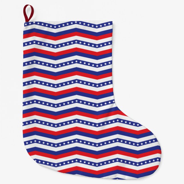 Calcetín Navideño Grande Chevron patriótico rojo blanco y azul (Anverso)