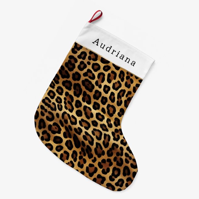 Calcetín Navideño Grande Chic Brown Gold Leopard Animal Print Christmas  (Frente (Colgado))