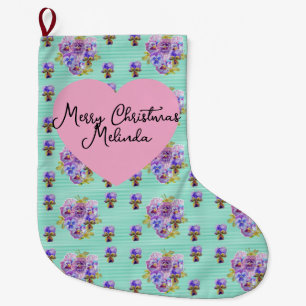 Calcetín Navideño Grande Chic Floral Acuático Navidad Chicas Nombre Desluci