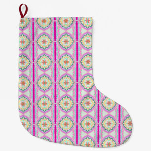 Calcetín Navideño Grande Chic Rosa y Dorado Patrón Floral Geométrico