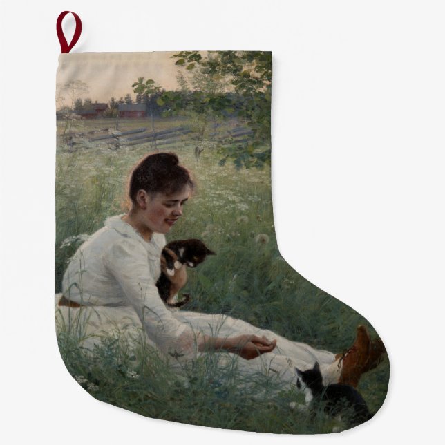 Calcetín Navideño Grande Chica con gatos en un paisaje veraniego (gatitos) (Anverso)