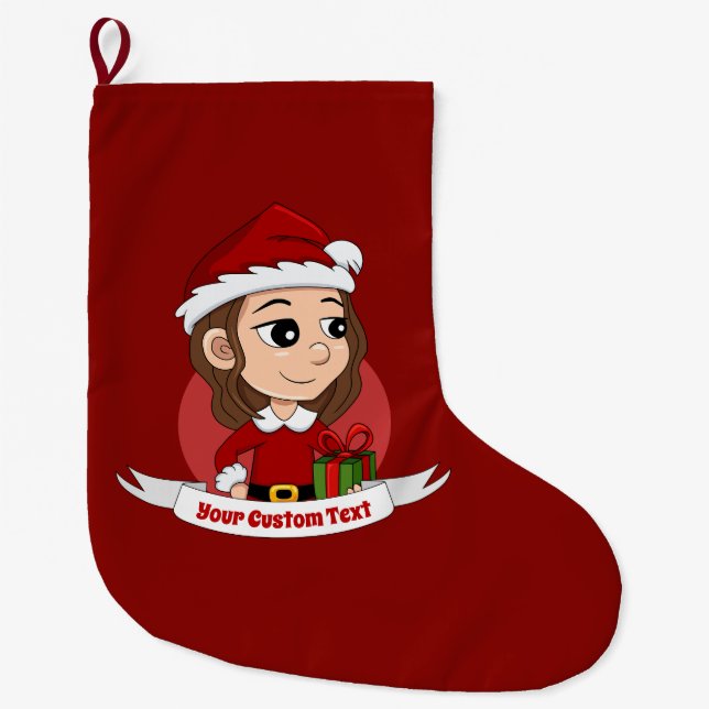 Calcetín Navideño Grande chica navidad con pelo ondulado marrón (Anverso)