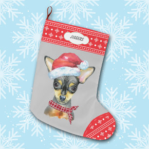 Calcetín Navideño Grande Chihuahua con sombrero de Santa y borde de copo de