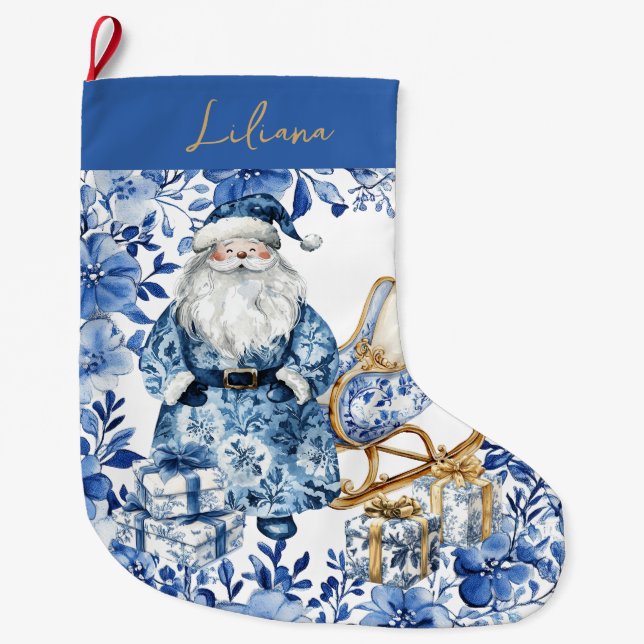 Calcetín Navideño Grande Chinoiserie Navidades Blue White Floral Santa (Anverso)