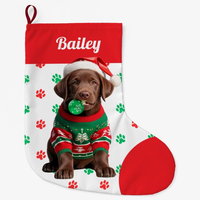 Calcetín Navideño Grande Chocolate Labrador Cachorro suéter personalizado (Anverso)