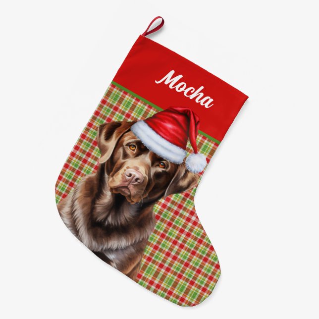 Calcetín Navideño Grande Chocolate Labrador Perro de vacaciones personaliza (Frente (Colgado))