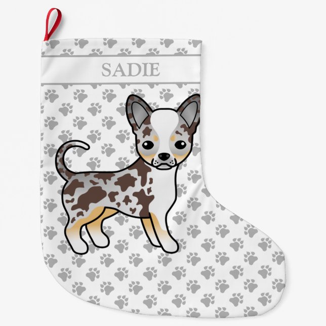 Calcetín Navideño Grande Chocolate Merle Smooth Coat Chihuahua Perro y nomb (Anverso)