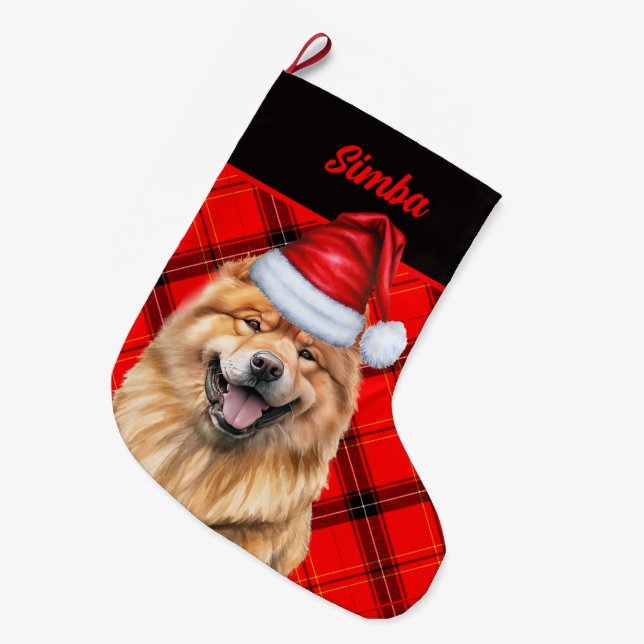 Calcetín Navideño Grande Chow Chow Chow Vacaciones de perro Rojo Jugada Per (Frente (Colgado))