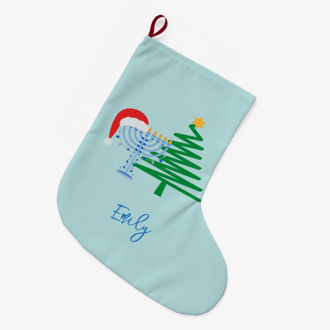 Calcetín Navideño Grande Chrismukkah azul personalizable Stocking (Frente (Colgado))