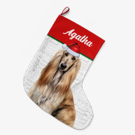 Calcetín Navideño Grande Christmas Afghan Hound Dog Name Woof Background