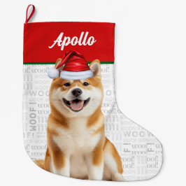 Calcetín Navideño Grande Christmas Akita Dog with Name Woof Background